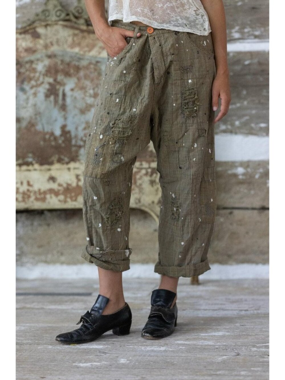 Magnolia Pearl Cotton Yarn Dyed Check Charmie Trousers With Paint Splatter